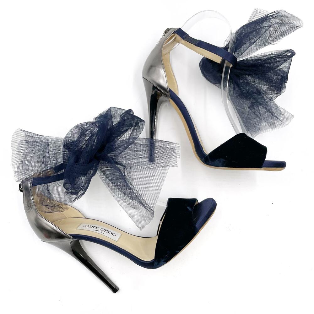 Jimmy Choo Navy Blue and Silver Tulle Ankle-Tie Stiletto Sandals - Picture 9 of 14